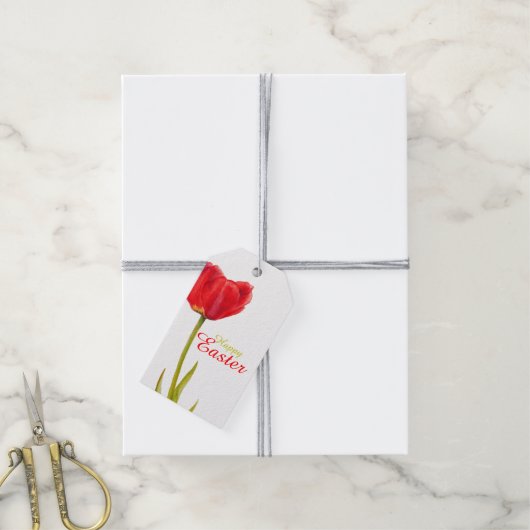 ハッピーイースター赤チューリップ花水色ギフトラベル ギフトタグ (より糸付き)