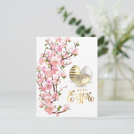 ハッピーイースター金ゴールド卵のパーソナライズ ポストカード (スタンド正面)