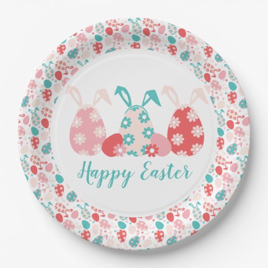 ハッピーイースター飾エッグバニー耳 ペーパープレート (正面)
