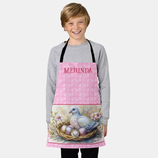 ハッピーイースター鳩の卵の名前をパーソナライズ。 エプロン (着用した状態)