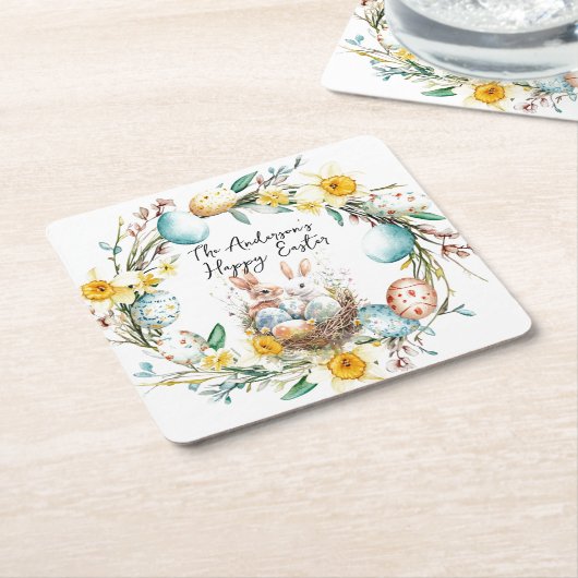 ハッピーイースター2つの銀行とフローライースター スクエアペーパーコースター (アングル)