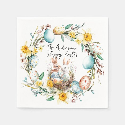 ハッピーイースター2つの銀行とフローライースター スタンダードカクテルナプキン (正面)