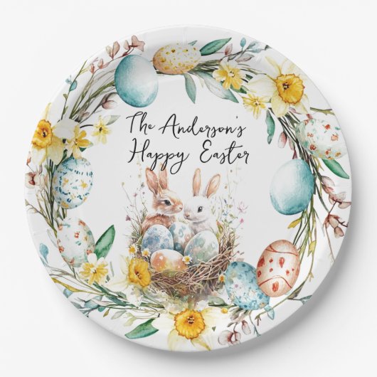 ハッピーイースター2つの銀行とフローライースター ペーパープレート (正面)