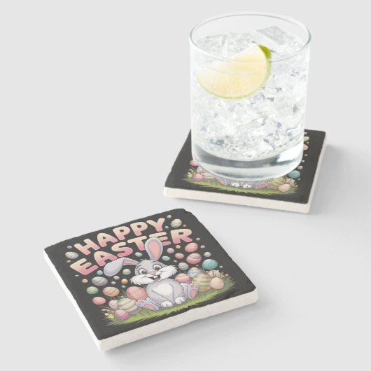 ハッピーイースター2025エッグバニーキュートうさぎ ストーンコースター (横)