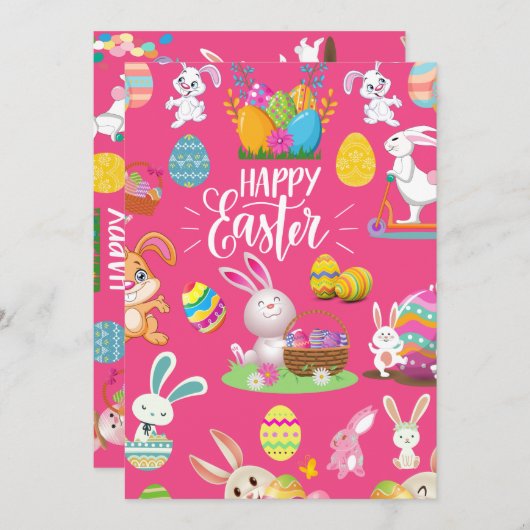 ハッピーイースター、おもしろいバニーの願いとカラフル位置 招待状 (正面/裏面)