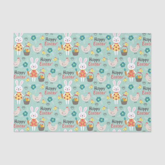 ハッピーイースター |かわいいイースターウサギのパターン – 緑 薄葉紙 (正面)