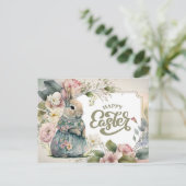 ハッピーイースター。かわいいオールドファッションドバニー シーズンポストカード (スタンド正面)