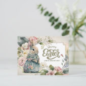 ハッピーイースター。かわいいオールドファッションドバニー シーズンポストカード (スタンド正面)