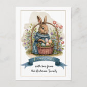 ハッピーイースター。かわいいファッションドオールドバニーと卵 シーズンポストカード (正面)