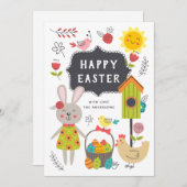 ハッピーイースター。かわいい子供たち漫画のウサギと卵 シーズンカード (正面/裏面)