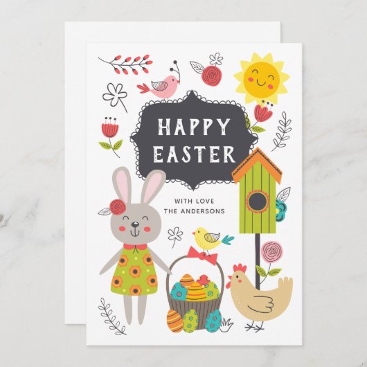 ハッピーイースター。かわいい子供たち漫画のウサギと卵 シーズンカード (正面/裏面)