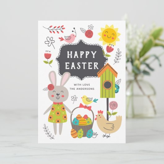 ハッピーイースター。かわいい子供たち漫画のウサギと卵 シーズンカード (スタンド正面)