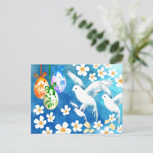 ハッピーイースター。イースターエッグと平和絵画鳩 シーズンポストカード (スタンド正面)