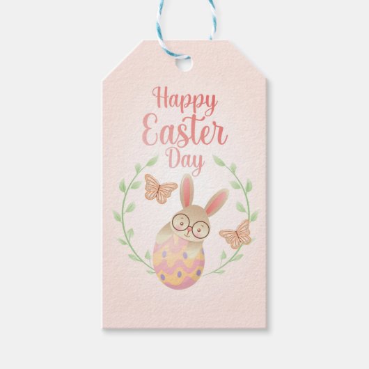ハッピーイースター。イースターバニーと蝶 ギフトタグ (正面)