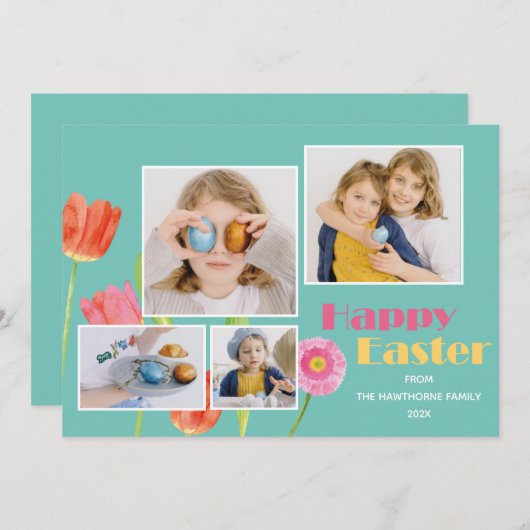 「ハッピーイースター」カスタム4フォトモダンフローラ シーズンカード (正面/裏面)