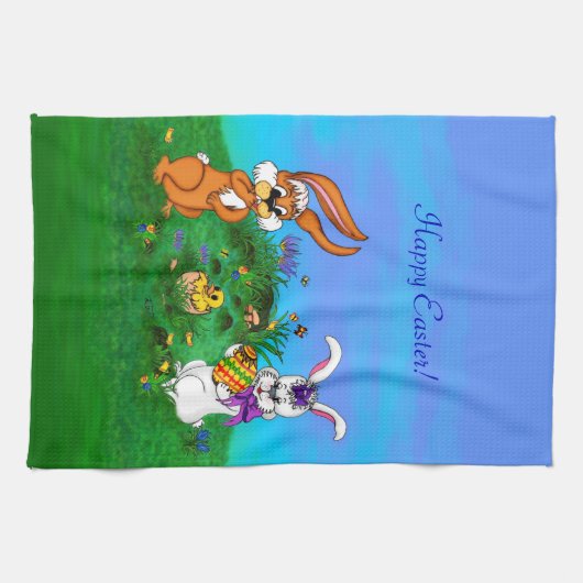 ハッピーイースター!バニーとシックのウサギ キッチンタオル (横)