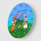 ハッピーイースター!バニーとシックのウサギ ラージ壁時計 (傾斜)