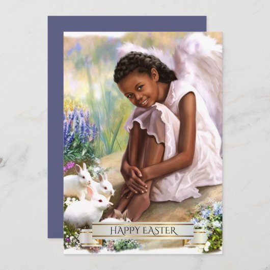 ハッピーイースター。バニーズフラットカード付きリトルエンジェル シーズンカード (正面/裏面)