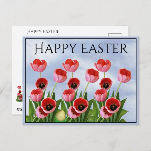 「ハッピーイースター」ピンクチューリップス花の写真 ポストカード (正面/裏面)