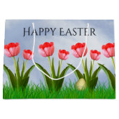 ハッピーイースター：ピンクチューリップ花の写真卵 ラージペーパーバッグ (正面)
