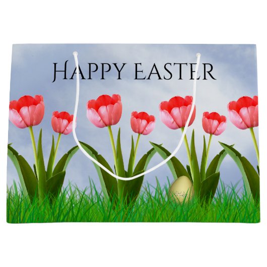 ハッピーイースター:ピンクチューリップ花の写真卵 ラージペーパーバッグ (正面)