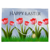 ハッピーイースター：ピンクチューリップ花の写真卵 ラージペーパーバッグ (裏面)