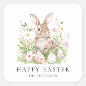 ハッピーイースター(ファミリ名) |かわいいバニー スクエアシール (正面)