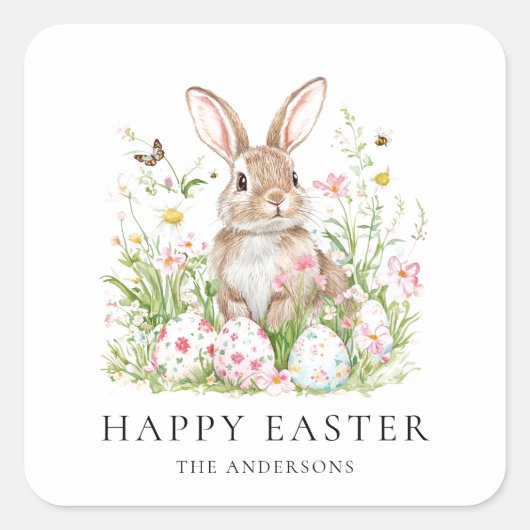 ハッピーイースター（ファミリ名） |かわいいバニー スクエアシール (正面)