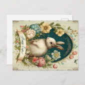 ハッピーイースター、ブライトベージュとヴィンテージバニー シーズンポストカード (正面/裏面)