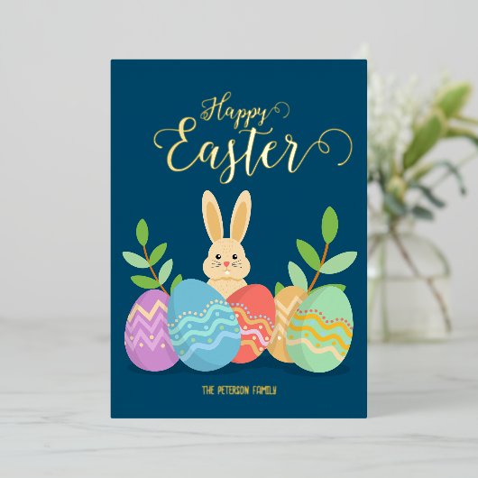 ハッピーイースター |マンガのバニー&エッグ金ゴールド 箔シーズンカード (立ち正面)
