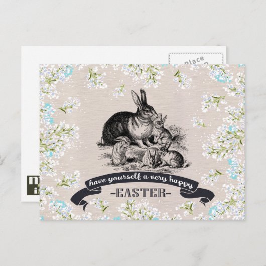 ハッピーイースター.ヴィンテージウサギ復活祭 シーズンポストカード (正面/裏面)