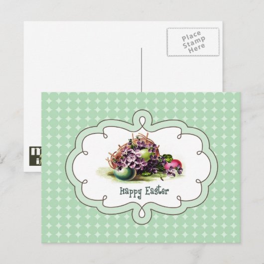 ハッピーイースター。ヴィンテージ入りバスケット シーズンポストカード (正面/裏面)