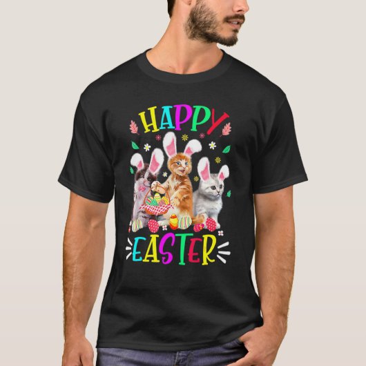 ハッピーイースター 三匹の猫のウサギの耳 猫 イースターの日 Tシャツ (正面)