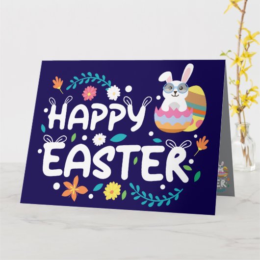 ハッピーイースター、卵、バニー&フラワー カード (黄色い花)