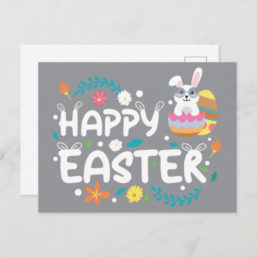 ハッピーイースター、卵、バニー&フラワー ポストカード (正面/裏面)