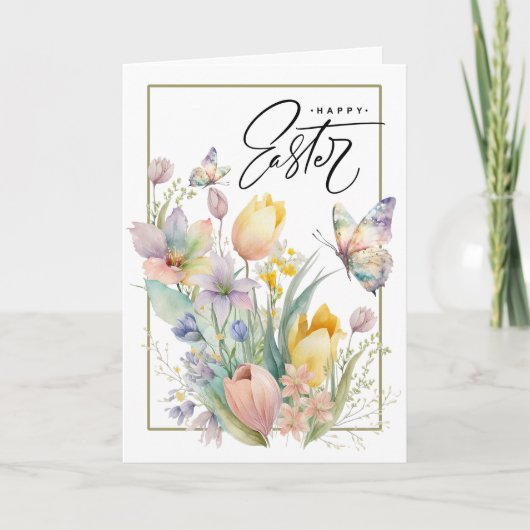 ハッピーイースター。水彩チューリップと蝶 シーズンカード (正面)
