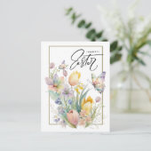 ハッピーイースター。水彩チューリップと蝶 シーズンポストカード (スタンド正面)
