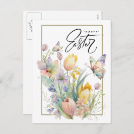 ハッピーイースター。水彩チューリップと蝶 シーズンポストカード