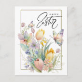 ハッピーイースター。水彩チューリップと蝶 シーズンポストカード (正面)