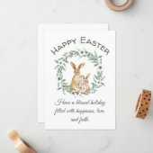 ハッピーイースター、水彩バンニー緑のリース ノートカード (正面/裏面インサイチュ)