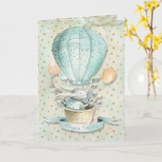 ハッピーイースター! 水彩画の気球およびバニー カード (黄色い花)