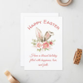 ハッピーイースター、水色フローラbunny耳レッドシック ノートカード (正面/裏面インサイチュ)