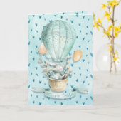 ハッピーイースター! 熱気の気球の水彩画のバニー カード (黄色い花)