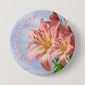 ハッピーイースター-花の写真ピンクイースターリリー 缶バッジ (正面)