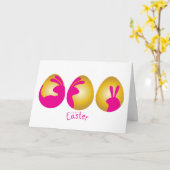 ハッピーイースター!金ゴールドエッグピンクバニーラビット カード (黄色い花)