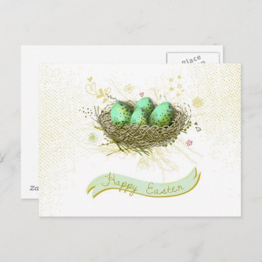 ハッピーイースター! – 鳥の巣とカラフル卵 シーズンポストカード (正面/裏面)