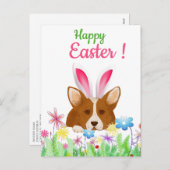 ハッピーイースター | Corgiとイースターバニーの耳おもしろい シーズンポストカード (正面/裏面)