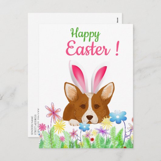 ハッピーイースター | Corgiとイースターバニーの耳おもしろい シーズンポストカード (正面/裏面)