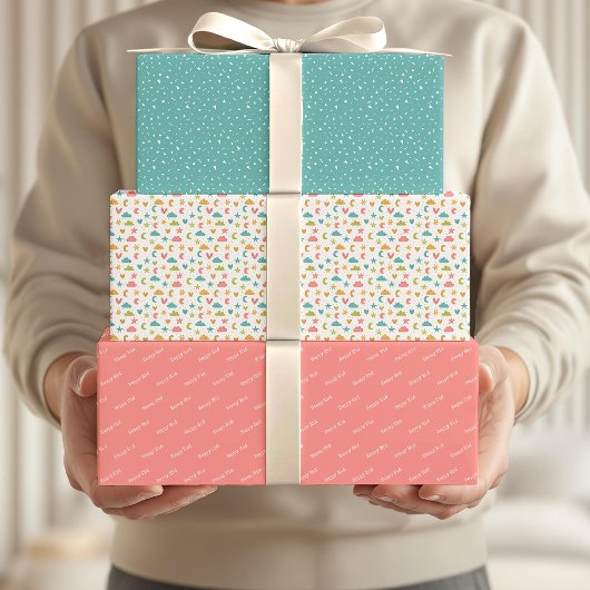 ハッピーイードキッズブルーピンクムーンスターパターン引用文 ラッピングペーパーシート