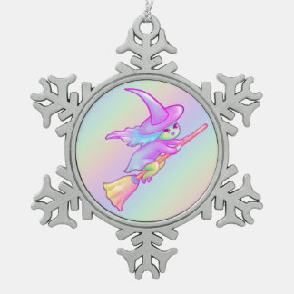 ハッピーウィッチ飛んでいるオンブロムスティックスケッチ スノーフレークピューターオーナメント